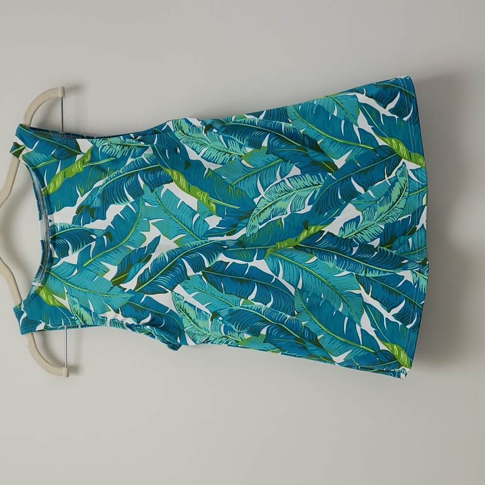 Women’s Tropical Leaf Print Swim Dress - Teal Green 6